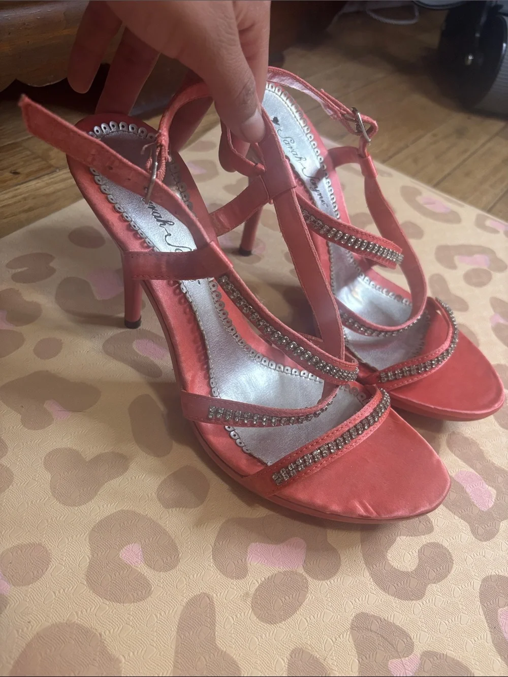 Coral Rhinestone Strappy Sandals by